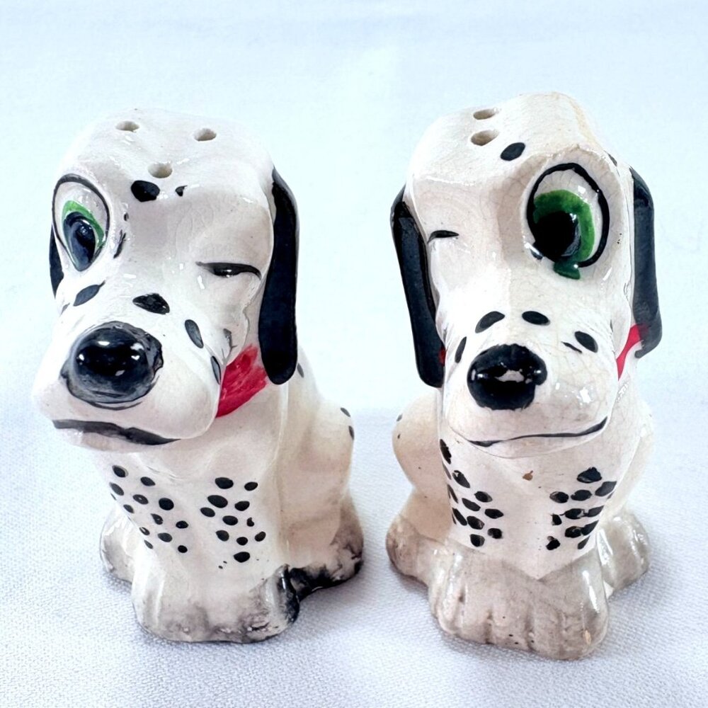 Vintage 1960s MCM Anthropomorphic Dalmatian Winking Dogs Salt & Pepper Shakers